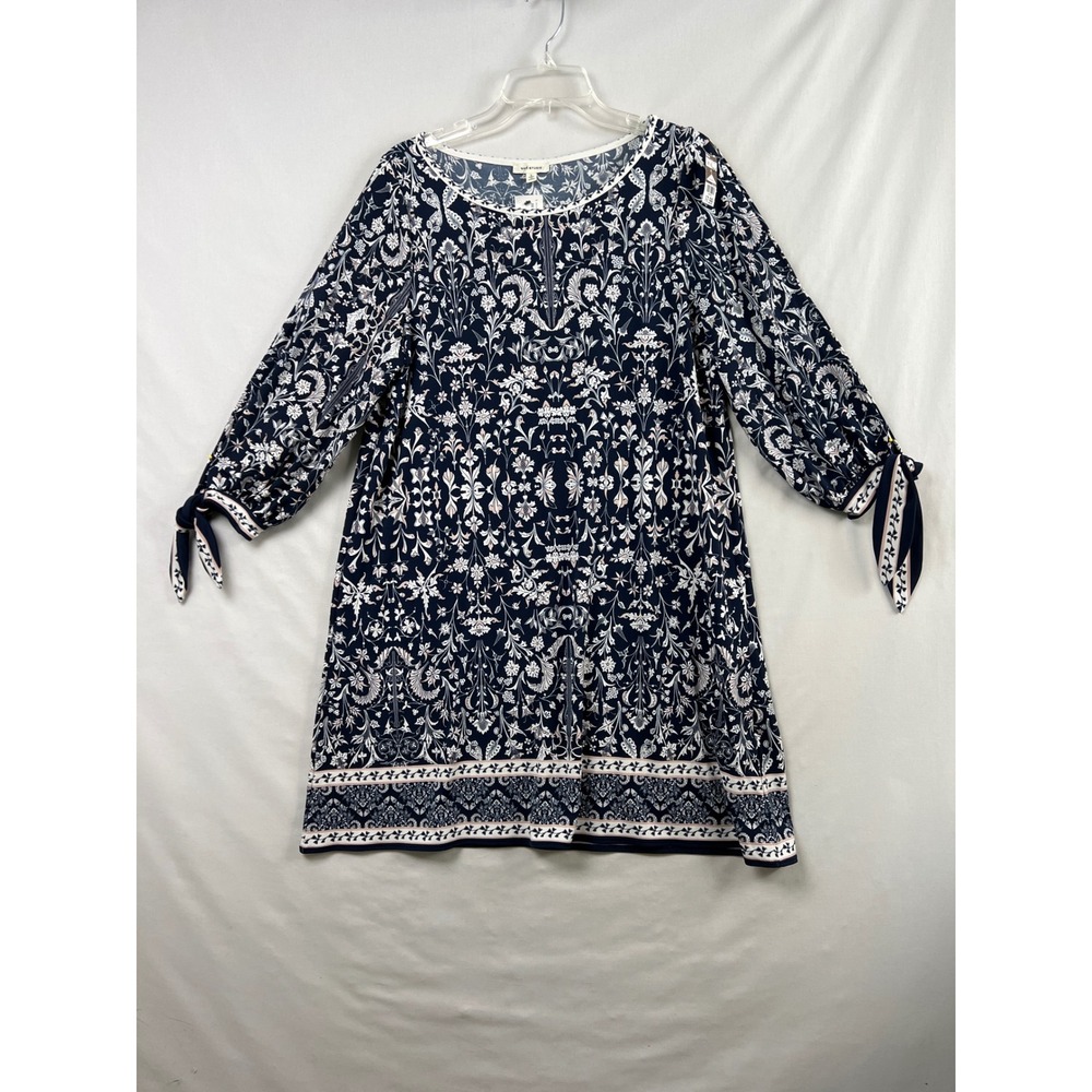 Max Studio Shift Dress Womens Large Navy White Floral Tie Sleeve Stretch